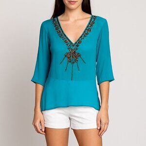 Lotta Stensson Silk Embroidered Beaded Tunic V Neck Top